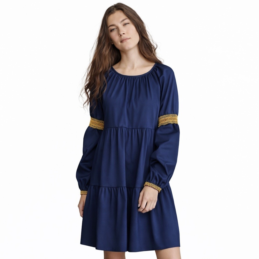 Elizabeth and James Women's Navy Blue Peasant Tiered Long Sleeve Midi Dress Sz S